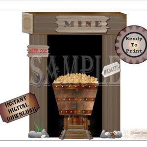 Gold Mine Set ~ Printable Wild West Party Wedding Props ~ 5 PDF File Images ~ Mine Shaft Entrance, Wooden Cart, Tracks, "Danger" "Keep Out"