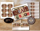 ESCAPE ROOM Party Food Printable Set ~ 4 JPG ~ Aged Paper Water Bottle, Chocolate Bar, and Potato Crisp Singles Labels, 8.5X11" Cake Topper