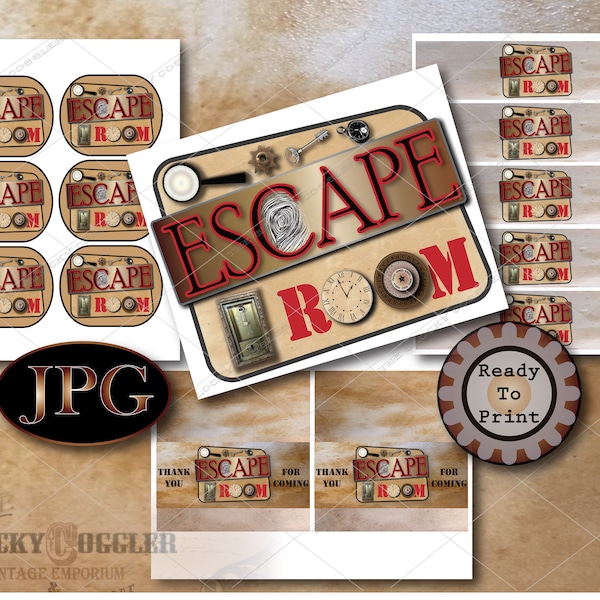 ESCAPE ROOM Party Food Printable Set ~ 4 JPG ~ Aged Paper Water Bottle, Chocolate Bar, and Potato Crisp Singles Labels, 8.5X11" Cake Topper