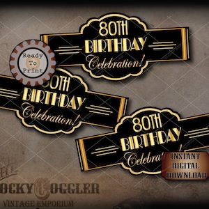80th Birthday Cigar Labels Printable JPG File Digital Download ~ Art Deco Black Gold Prohibition Wedding Roaring 20s Wraparound Party Decor
