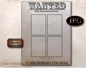 4 Photo WANTED Sign Printable ~ 2.5x3.5" Blank Pictures Area ~ Cowboy, Prohibition, New Year, Wedding ~ Space for Text 2,000 Dollar Reward