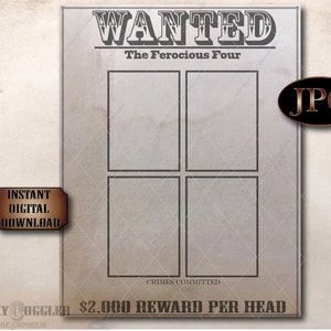 4 Photo WANTED Sign Printable ~ 2.5x3.5&quot; Blank Pictures Area ~ Cowboy, Prohibition, New Year, Wedding ~ Space for Text 2,000 Dollar Reward