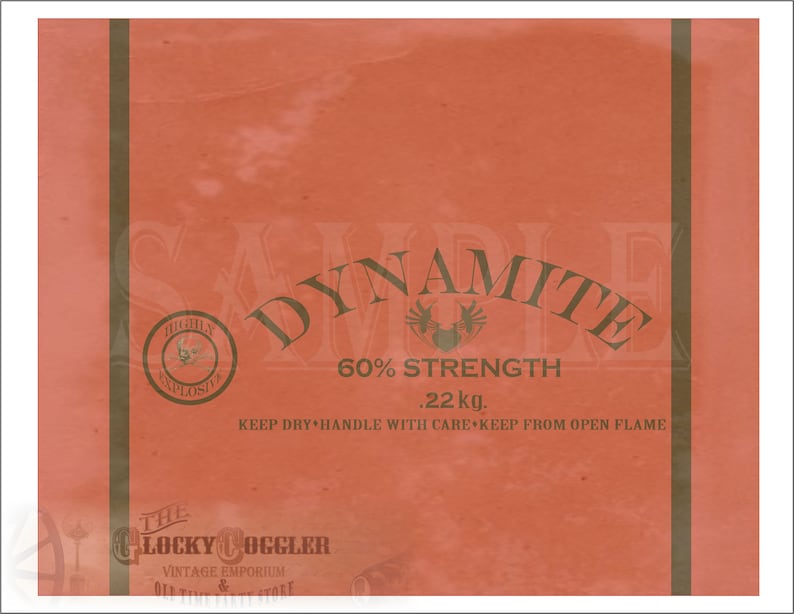 Dynamite Gift Wrap Printable ~ Wild West Party Decor JPG ~ Aged Red Old Timey Cowboy Miner Town Style Sheet ~ 60/% Strength ~ Keep Dry