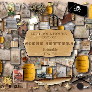 Pirate Book Nook ~ 200+ Pieces Dollhouse PIRATE HIDEOUT 1:12 Scale Set ~ 8 jpgs Clip Art, Walls, Floor ~ Burlap, Crates, Rum, Barrels