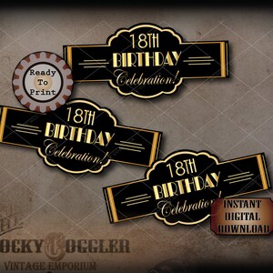 18th Birthday Cigar Labels Printable JPG File Digital Download ~ Art Deco Black Gold Prohibition Wedding, Roaring 20s Wraparound Party Decor