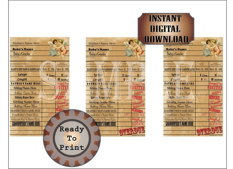 Victorian Birth Announcement Library Cards ~ Printable Set 3 Personalized 3X5s ~ Cherub Baby Shower Birth Date Weight ~ Vintage Book Check