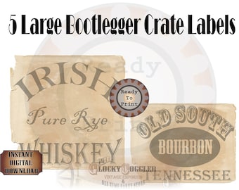 5 Booze Crate Labels Printable Roaring 20s Party Decor ~ Prohibition Speakeasy Gatsby Wedding Rye Whiskey, Bourbon, Gin, Ale, Home Brew PDFs