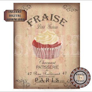 Strawberry Cupcake Printable JPG ~ Shabby French Download ~ Fraise Petit Gateau ~ Bakery Sign, Charmant Patisserie Decor ~ Montmartre Paris