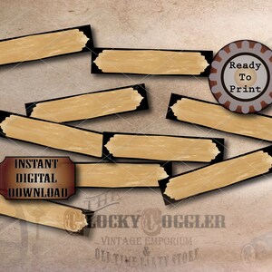 May include: Printable digital download of eight vintage-style brown and black labels with a tan background. The labels are ready to print and have a rustic, western theme. The text "Ready To Print" is on a brown and gray circular label.