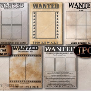 5 WANTED Posters Printable Set ~ Blank Picture Areas, Space for Text Lines, Rewards Included ~ Cowboy, Prohibition, New Year, Wedding Decor