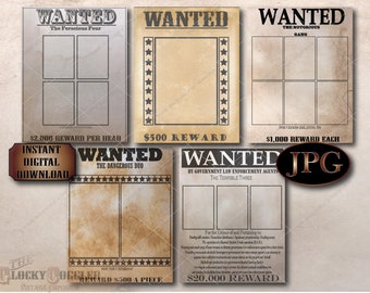5 WANTED Posters Printable Set ~ Blank Picture Areas, Space for Text Lines, Rewards Included ~ Cowboy, Prohibition, New Year, Wedding Decor