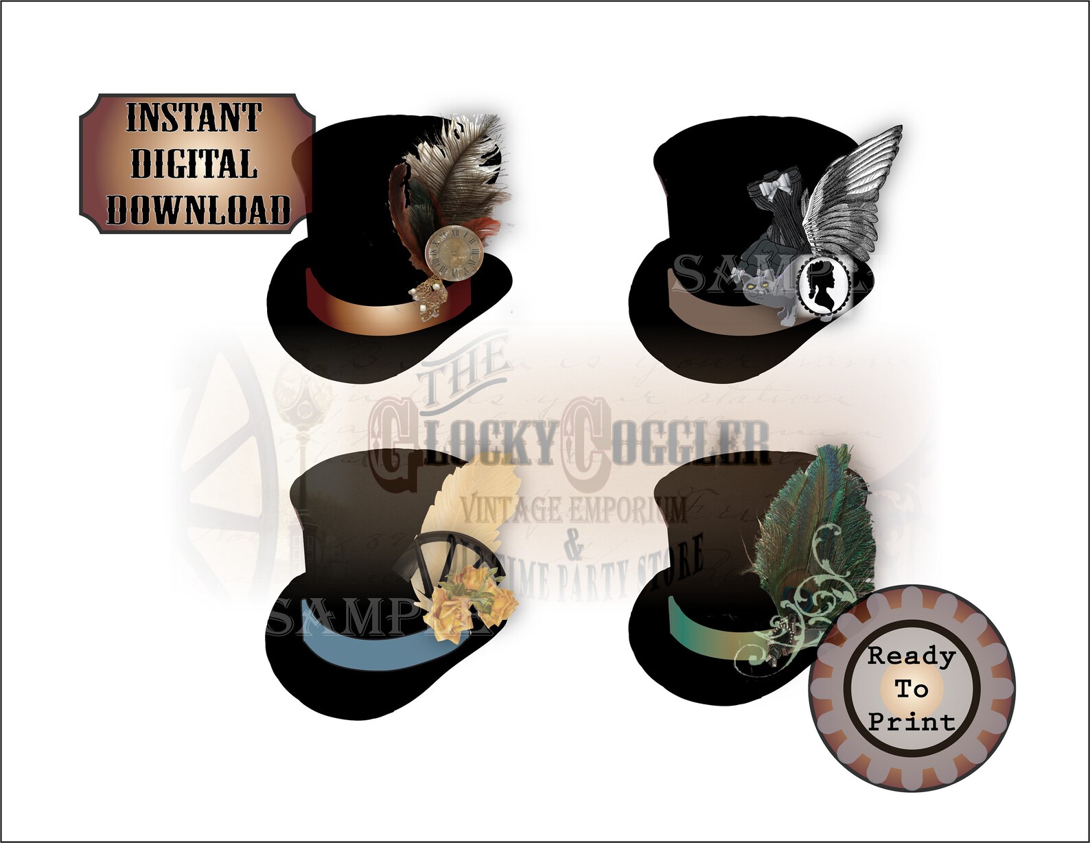 Steampunk Top Hats Printable JPG Clip Art Stickers Envelope - Etsy