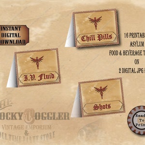 16 ASYLUM TENT CARDS ~ Food Beverage Medical Mental Hospital Themed Buffet Labels ~ Printable Digital File ~ Comfort Food, Alcohol, iv Fluid