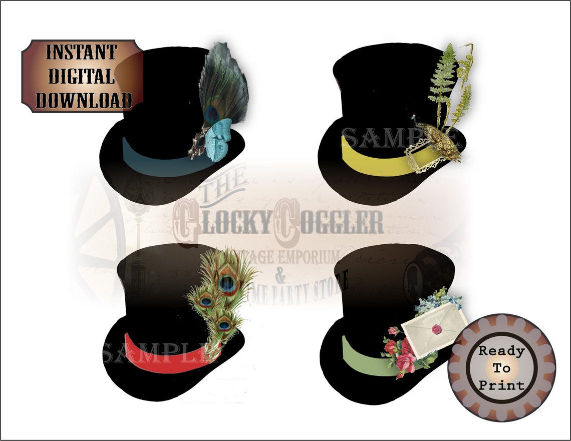 Steampunk Top Hats Printable JPG Clip Art Stickers Envelope - Etsy