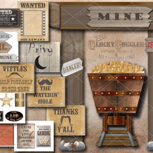 22 Piece Wild West Printable Party Pack ~ WANTED Poster & Sign, Vittles, Waterin' Hole, Privy, Thanks Y'all, Badges, Gold Mine Kit, Dynamite