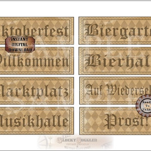 OKTOBERFEST Printable Sign JPG Set ~ 8 German Aged Ivy Black Harlequin Greeting & Directional 4X11&quot; Banners ~ Willkommen, Prost, Bierhalle