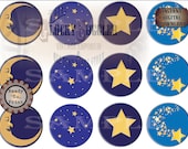 Celestial Moon & Stars Junk Journal Printable 2.5" Christmas Cupcake Toppers JPG File ~ 12 Stickers Seals Scrapbook Embellishment Circles