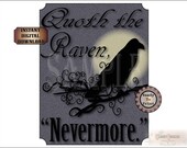 The Raven Printable Sign Nevermore Victorian Edgar Allan Poe Digital Halloween Party Decor Spooky Art Purple Black Full Moon Goth Image