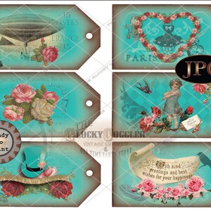 Junk Journal Steampunk JPG ~ 6 Hang Tags ~ Victorian Scrap Rose Aqua ~ 2.5X5 "Worn Velvet Aged Price, Gift, Jewelry Cards ~ Paris, Airship