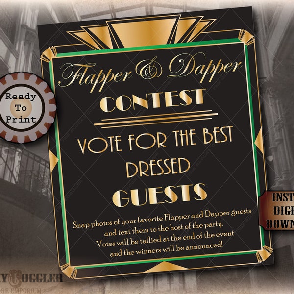 Flappers Dappers Contest Sign Printable Files 30x32" ~ Best Dressed Guest Costume Competition ~ Elegant Emerald Green Black Gold Party Decor
