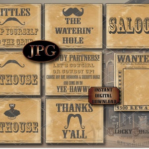 8 Sign Wild West Printable Set ~ WANTED Poster, Vittles, Waterin' Hole, Saloon, Outhouses, Howdy Welcome, Thanks Y'all Cowboy Birthday Decor