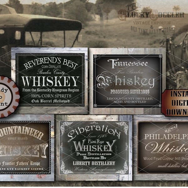 5 Whiskey Crate Labels Printable Set JPG Files ~ Pre-Prohibition Civil War Liquor Tax Rebellion Era Props ~ Tennessee Pennsylvania Kentucky
