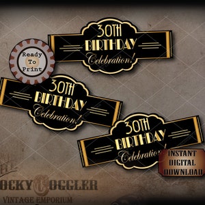 30th Birthday Cigar Labels Printable JPG File Digital Download ~ Art Deco Black Gold Prohibition Wedding, Roaring 20s Wraparound Party Decor