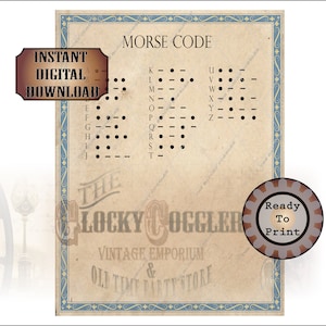 Morse Code Escape Room Printable Puzzle Template ~ jpg File ~ ABC Dots Dashes ~ Blank DIY Riddle Sheet ~ Aged Waterstained Paper Blue Border