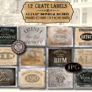 12 Prohibition Bootlegger Crate Labels JPG Set ~ 8.5X11 Speakeasy Roaring 20s Party Gin, Moonshine, Ale, Whiskey, Vodka, Rum, Scotch, Wine