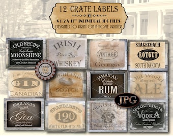 12 Prohibition Bootlegger Crate Labels JPG Set ~ 8.5X11 Speakeasy Roaring 20s Party Gin, Moonshine, Ale, Whiskey, Vodka, Rum, Scotch, Wine