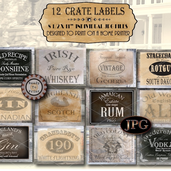 12 Prohibition Bootlegger Crate Labels JPG Set ~ 8.5X11 Speakeasy Roaring 20s Party Gin, Moonshine, Ale, Whiskey, Vodka, Rum, Scotch, Wine