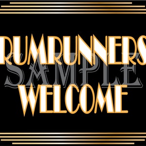 Prohibition Era Sign Rumrunners Welcome Roaring 20s Art Deco Printable Gatsby Party Wedding Centerpiece Speakeasy 1920s Bar Front Door Sign