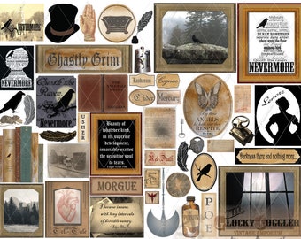 Goth Poe Junk Journal Printable ~ Dollhouse 1:12 Scale 11X8.5" JPG ~ Diorama Curiosities ~ Pendulum, Raven, Tell-Tale Heart, Rue Morgue
