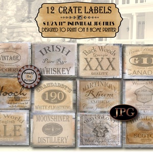 12 Prohibition Bootlegger Crate Label Props JPG Set ~ 8.5X11 Speakeasy Roaring 20s Mystery Escape Party Gin, Georgia Moonshine, Ale, Whiskey