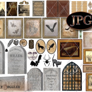 Halloween Dollhouse 1:12 Scale Printable 11X8.5&quot; JPG ~ Haunted Miniature Diorama, Cabinet of Curiosities Junk Journal ~ Cemetery, Bat, Raven