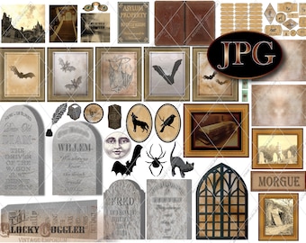 Halloween Dollhouse 1:12 Scale Printable 11X8.5&quot; JPG ~ Haunted Miniature Diorama, Cabinet of Curiosities Junk Journal ~ Cemetery, Bat, Raven