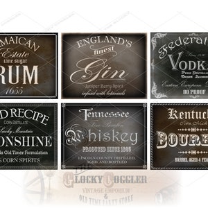 6 Prohibition Crate Labels Printable Set JPG Files ~ Liquor Rebellion & Civil War Age to 1920s Era ~ Whiskey Rum Bourbon Gin Vodka Moonshine