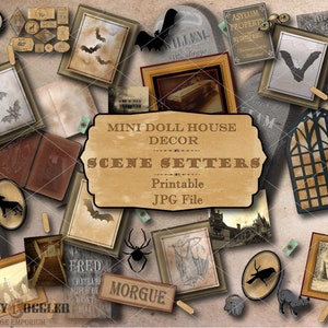 Haunted Book Nook Printable Accessory Images ~ Dollhouse 1:12 Scale 11X8.5" JPG ~ Halloween Goth Diorama Journal ~ Cemetery, Bat, Spider