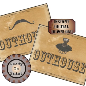 OUTHOUSE Sign Set Printable Restroom Signs ~ Mustache & Corset Wild West or Film TV Premiere Party Decor ~ Old West Bathroom Door Wall Art