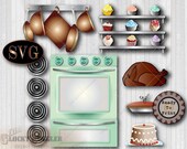 Play Kitchen Printable Set JPG, SVG Files ~ 40s Green Retro Vintage Oven Door, Kobs, Broiler, Burners, Copper Pot Rack, Cupcake Shelf, Food