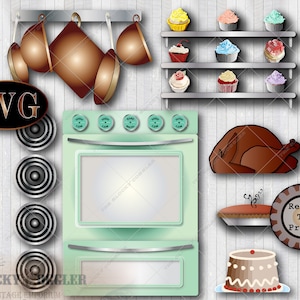 May include: A digital illustration of a kitchen scene with a green oven, a turkey, cupcakes on a shelf, a pie, a cake, and the text "Ready to Print".