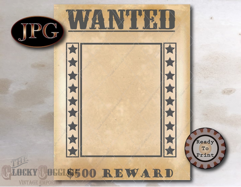 DIY Blank WANTED Poster Printable Space for Photo, Crime, Name Cowboy Birthday Party Wedding Favor Picture Frame 500 Dollar Reward image 4