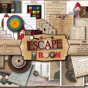 DETECTIVE PARTY Printable Escape Room Game Tripwire Tangle Mystery All Ages JPGs ~ Minecart, Puzzles, Riddles, Secret Message Decoder Wheel