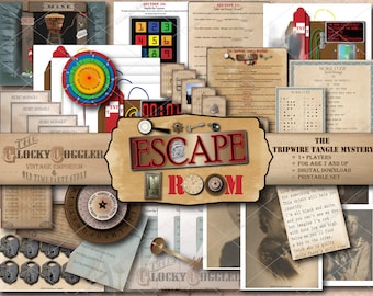 DETECTIVE PARTY Printable Escape Room Game Tripwire Tangle Mystery All Ages JPGs ~ Minecart, Puzzles, Riddles, Secret Message Decoder Wheel