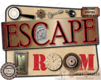 ESCAPE ROOM 4 Sign Set Cake Topper Digital Files ~ pdf, jpg ~ Aged Paper Party Decor ~ Clock, Gear, Key, Lock, Magnifying Glass, Fingerprint
