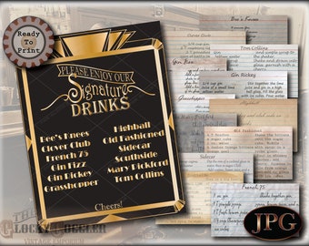 May include: A black and gold sign with the text "PLEASE ENJOY OUR Signature DRINKS" lists classic cocktails. Recipe cards for drinks like "Bee's Knees" and "Tom Collins" are also shown. A "Ready to Print" logo is in the upper left.