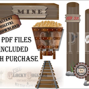 Gold Mine Scene Setter Printable Set Wild West Party Wedding Props ~ 5 Larg PDFs ~ Mine Shaft Entrance, Wooden Cart, Tracks, Danger Keep Out