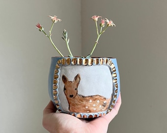 Deer Portrait Planter - Wedgewood Blue - Gold Pottery Pot