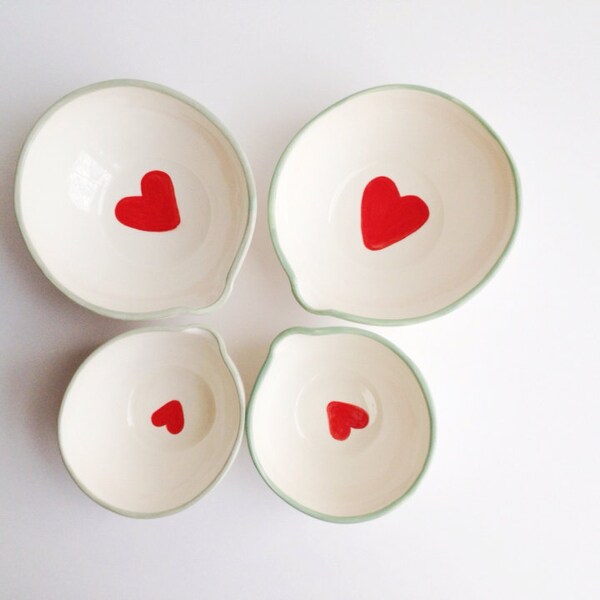 Red Heart Nesting Bowls - Mint Green Bowls - Retro Shabby Chic Decor