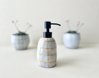 Plaid Soap Dispenser - Stoneware Pottery - Orange Kitchen Decor